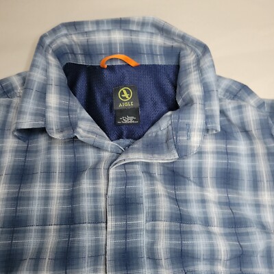 Mens Size Large Aigle Button Up Fishing Shirt Plaid Short Sleeve Hiking Outdoors