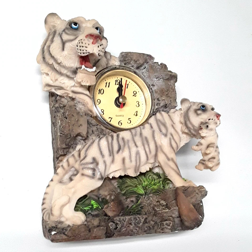 White Tiger Desk Clock Table Clocks 7" H Wildlife Animals Figurines AA Battery - Image 2 of 4