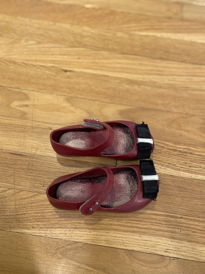 Mini Melissa Sz 24 8 maroon Bow Shoes Girls Church UltraGirl Peep Toe Dressy - Image 3 of 4