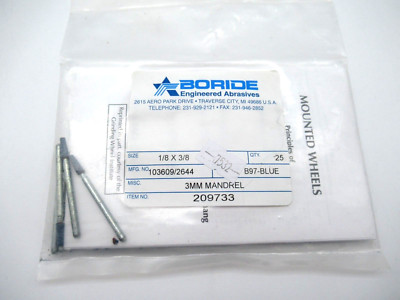 25QTY Boride 209733 STANDARD MOUNTED POINTS 3MM, 1/8 x 3/8, B97-Blue SEALED NEW