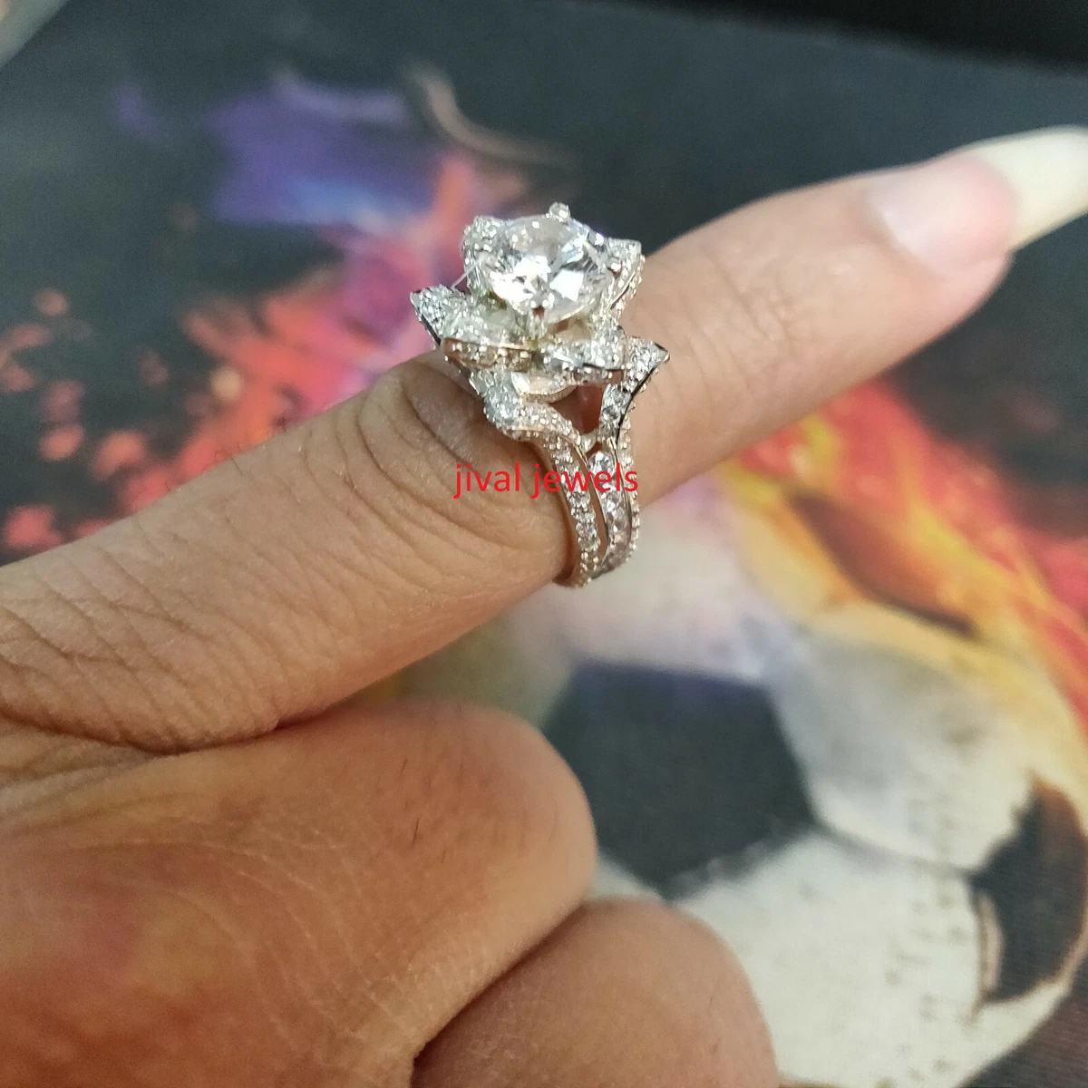 2.42Ct Round Cut CZ Lotus Flower Engagement Wedding Ring Solid 925