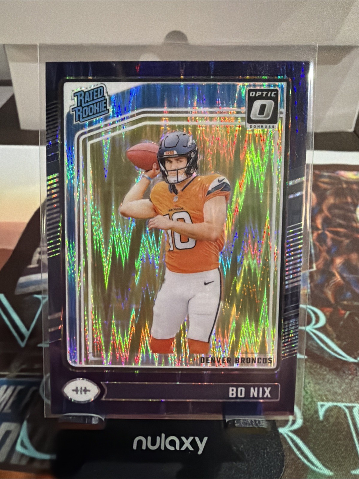 2024 Donruss Optic Bo Nix Rated Rookie Purple Shock Prizm RC #209 Broncos