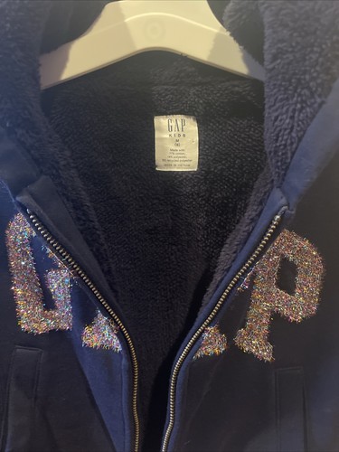 GAP Kids Sherpa Lined Zip Hoodie Cropped Sweatshirt Navy Blue Metallic Foil Logo - Picture 9 of 10