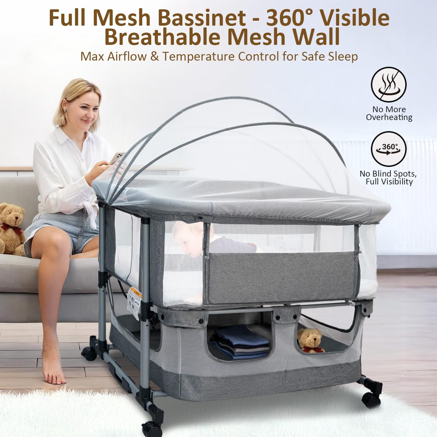 Twin Bassinet for 2 Babies, Double Bassinet for Twins, Rocking Bassinet with ...