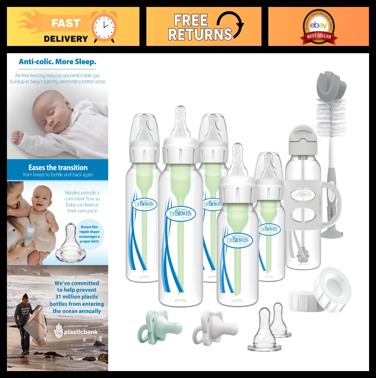 Anti-Colic Narrow Baby Bottle Gift Set, Sippy Straw, Pacifiers, Travel Caps, Bru