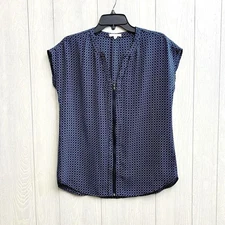 Pleione Blue Black Zip Front Short Sleeve Blouse Size Small