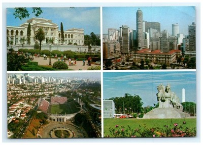 Vintage Municipal Theatre Skycarper Stadium Bandeiras Sao Paulo Brazil Postcard