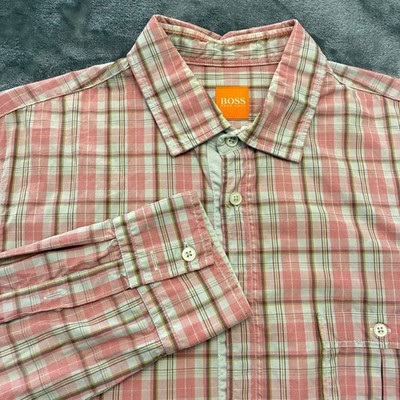 BOSS Hugo Boss Orange Label Slim Fit Pink Plaid Button Down Shirt Men's Medium