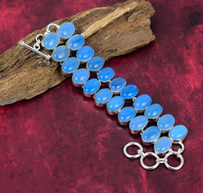 Natural Blue Chalcedony Gemstone 925 Sterling Silver Handmade Jewelry Bracelet