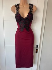 Boohoo Night Burgundy Black Lace Plunge Bodycon Midi Dress UK 8 S Party B46