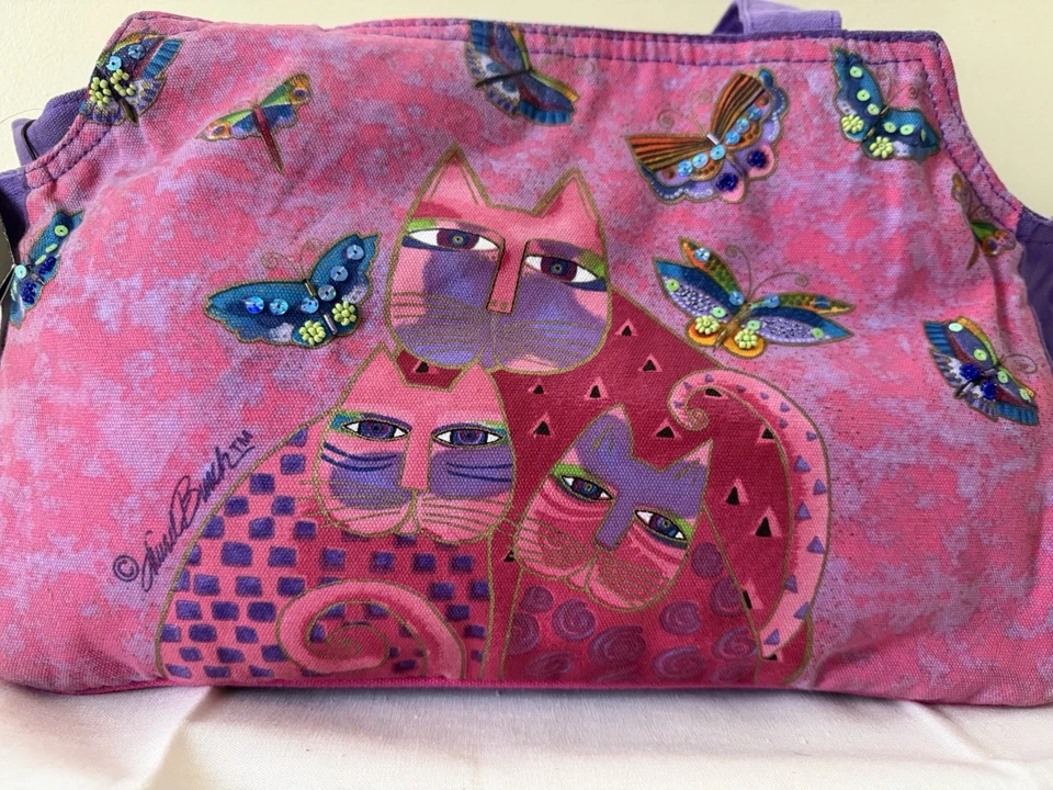 LAUREL BURCH Pink Purple Cats Butterfly Large Tote Shoulder Bag Charm NEW - Image 2 of 4