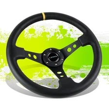 NRG RST-006BK-Y 350MM 3"DEEP DISH STEERING WHEEL BLACK LEATHER W/YELLOW STRIPE