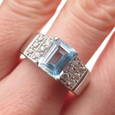 925 Sterling Silver Real Emerald-Cut Blue  Round-Cut White Topaz Ring Size 9