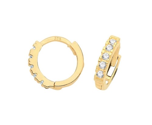 9ct Yellow Gold Simulated Diamond Small Hoop Huggie Hinged Earrings - 9k Gold - Picture 5 of 6
