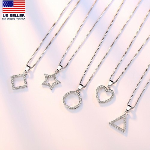 Women 925 Sterling Silver Crystal Necklace Circle Star Heart Triangle Square 020