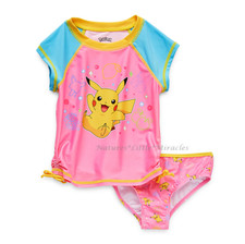 Pokemon Swimsuit Girls Size 4-6 Tankini Set Bikini Swim Rash Guard Shirt Pikachu