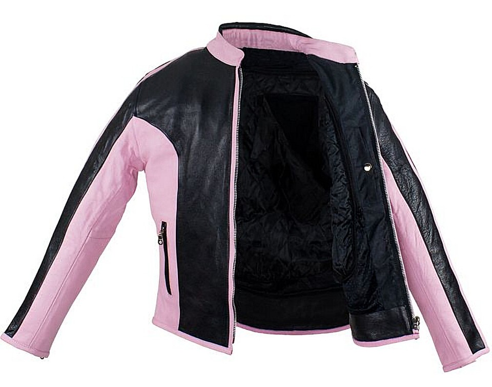 Womens Pink And Black Leather Racer Motorcycle Jacket With Pockets FREE ...