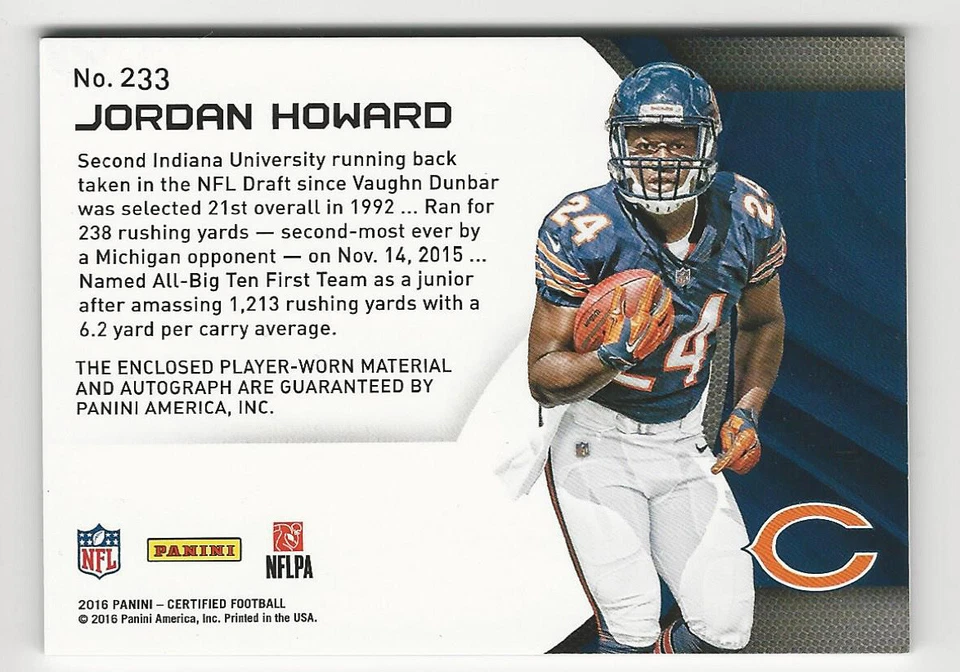 Jordan Howard 2016 Panini Certified Freshman Fabric Autograph Card Jersey /199 - Image 2 of 2