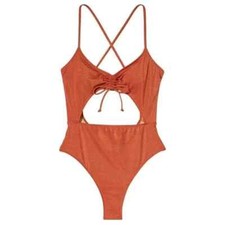 NWT XS Victoria's Secret Ruched Shine Cutout One-Piece Swimsuit Ginger Glaze