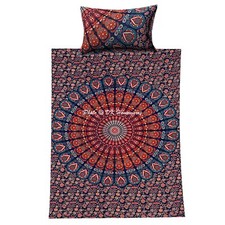 Blue Peacock Feather Quilt Duvet Cover Bedding Set Cotton Single Size Comforter