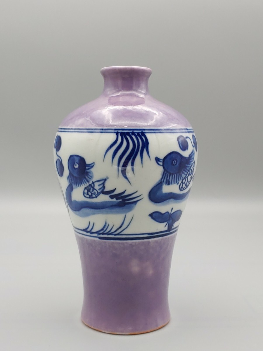 紫釉青花鸳鸯池梅瓶Antique China Purple Glazed Blue White Porcelain