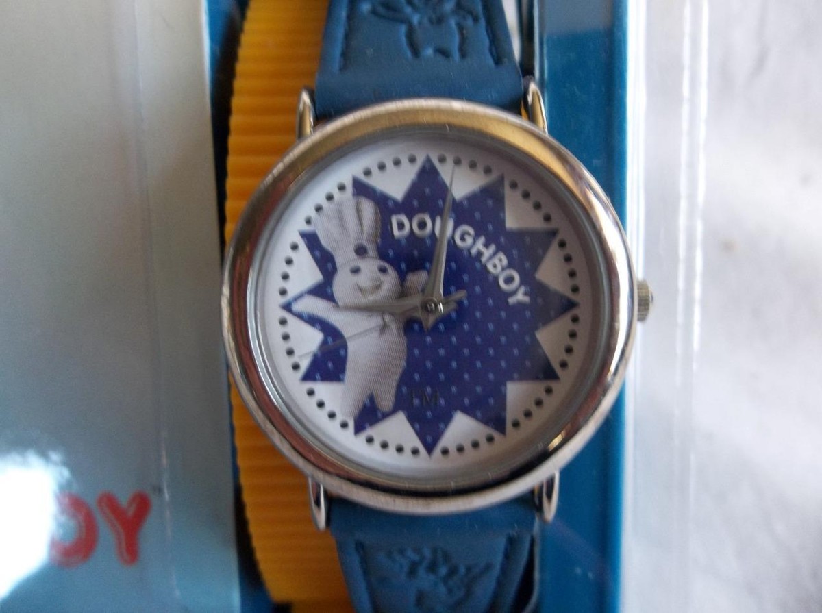 Nelsonic 1997 Pillsbury Doughboy Watch Silver & Blue‎ Heart Embossed Band 1997 Nelsonic Pillsbury Doughboy Advertising Watch MIB  main image 2