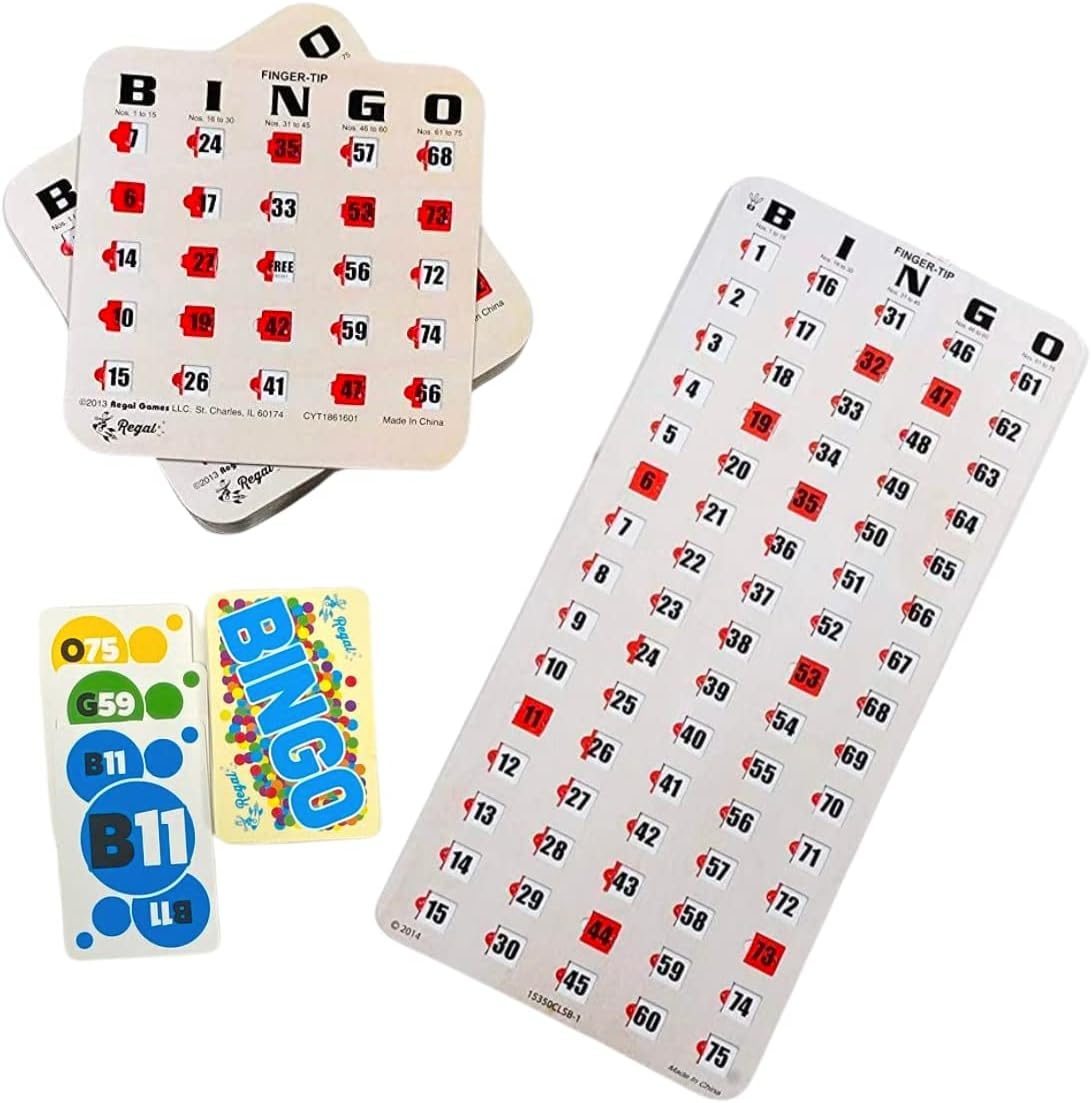 Regal Bingo 25 Bingo Cards with Sliding Windows, Bingo Calling Cards Deck & Mast