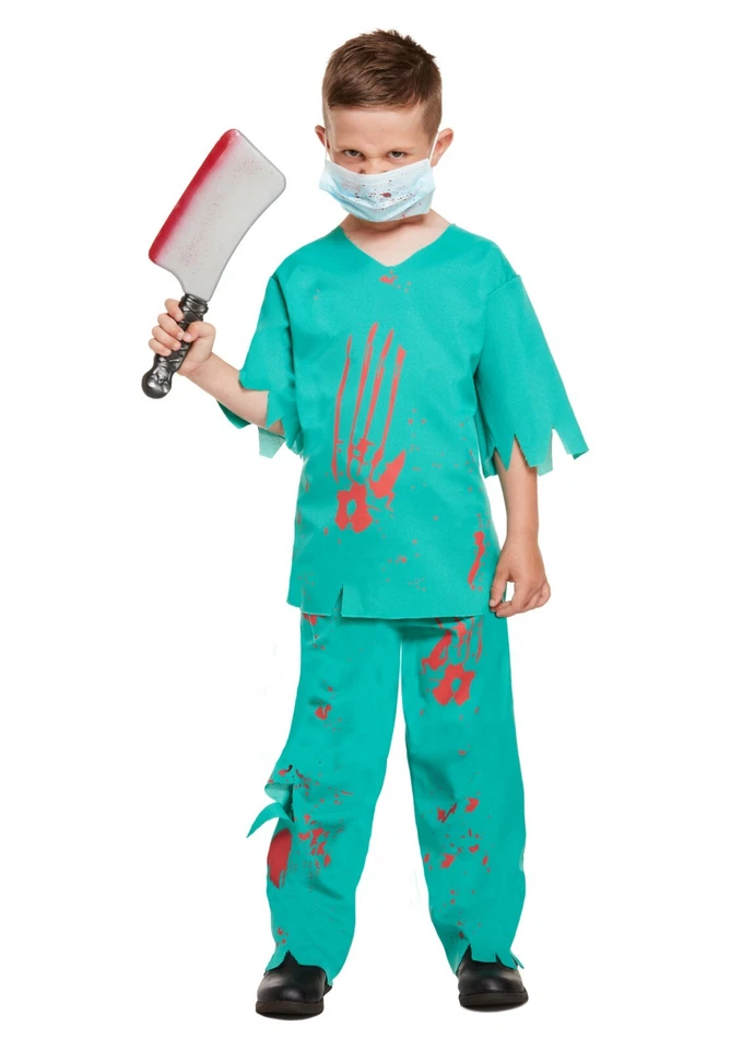 Boys Zombie Doctor Costume Kids Halloween Scrubs Surgeon Fancy Dress Outfit UK - Image 4 of 4