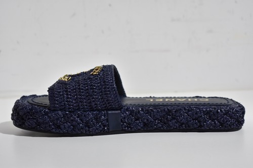 Chanel 21C Navy Blue Cord Gold Chain CC Logo Mule Slide Slip On Sandal Flat 35 - Picture 9 of 12