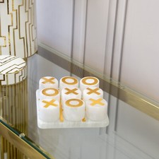 White Natural Stone & Gold Accents Tic Tac Toe Game Coffee Table Decor