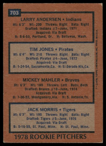 1978 Topps #703 Rookie P's - Jack Morris / Anderson Jones Mahler VG (WRINKLES) - Picture 2 of 2