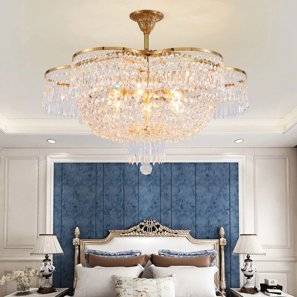 Lámpara de techo de bronce dorado con colgante de cristal de 23,6" de lujo Foto 2 de 4