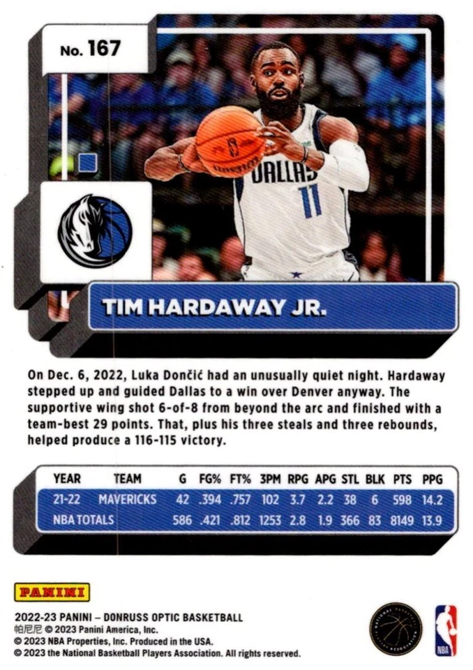 2022-23 Donruss Optic Tim Hardaway Jr. Dallas Mavericks #167 - Image 2 of 2