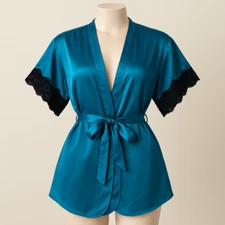 Vintage Fantasies by Morgan Taylor Satin Robe 0/3 Teal Lace Trim Kimono Style