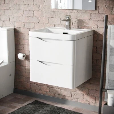 500mm White Wall Hung Basin Vanity Unit 2 Drawer Bathroom Storage Cabinet Gloss