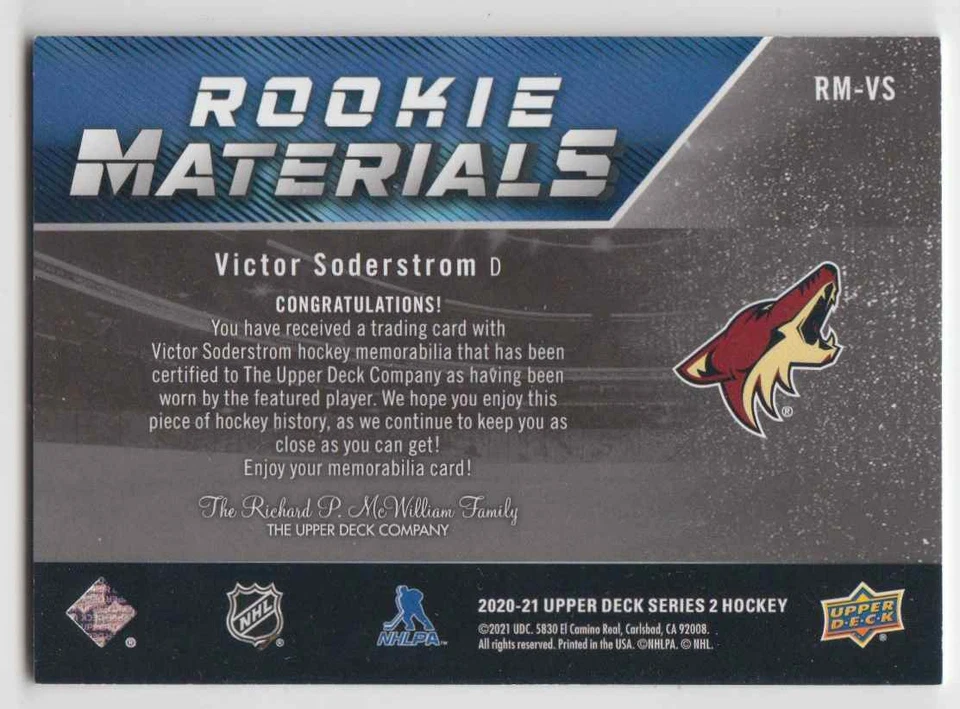 2020-21 Upper Deck Rookie Materials Victor Soderstrom RC Jersey #RM-VS - Image 2 of 2