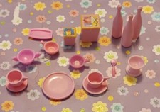 Vtg Barbie Set of Pink Cups, Plates Etc Play Kitchen Dishes 1980's Dream House