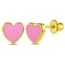 Gold Plated Pink Enamel Heart Screw Back Earrings for Toddlers  Young Girls