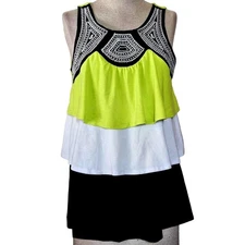 Lime Green White and Black Tiered Sleeveless Top Size Medium