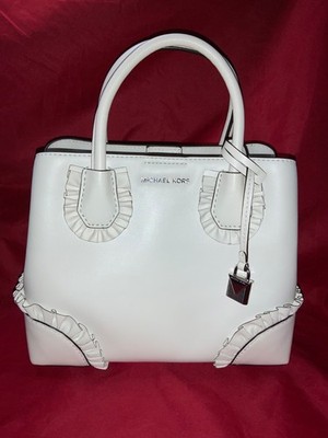 Michael Kors Mercer Gallery Small Ruffled White Leather Satchel Purse Crossbody