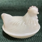 Vintage marked Atlas milk glass hen on a nest dish 4 inches by 3 1/2 inches
