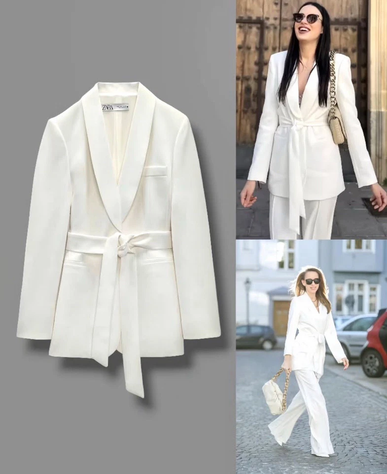 ZARA NEW WOMAN'S  BELTED TUXEDO JACKET BLAZER ECRU SIZE XS  2310/187 - Image 3 of 4