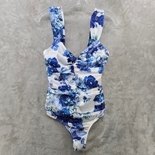 For Love Lemons Women S Hyacinth Bodysuit Blue White Floral Ruched Satin