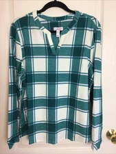 Denim And Co. Spruce Green Plaid Heavenly Jersey Split Neck Tunic Top L