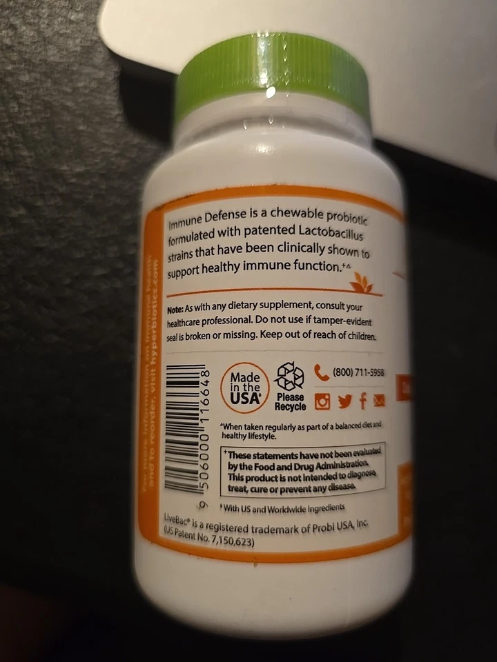 Hyperbiotics Probiótico Defensa Inmune 3 Mil Millones UFC 60 Comprimidos Masticables Exp 1125 Foto 3 de 3