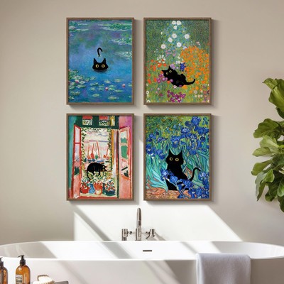 Framed Cat Bathroom Wall Art, 4 Piece Funny Cute Black Cat in Water Lilies Ca...