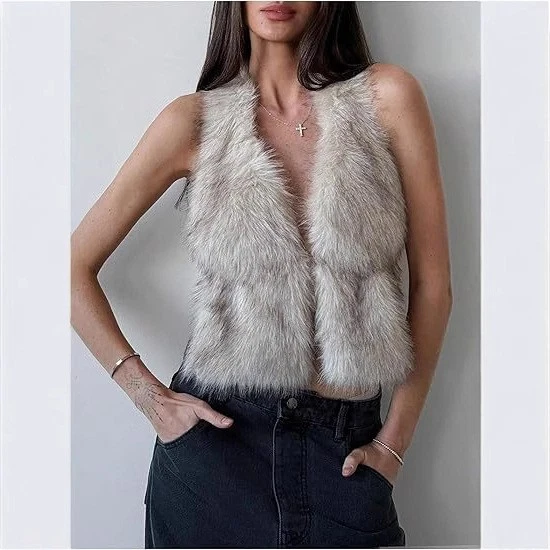 Chaleco de piel de zorro sin espalda sin mangas de piel para mujer informal cálido elegante Foto 4 de 4