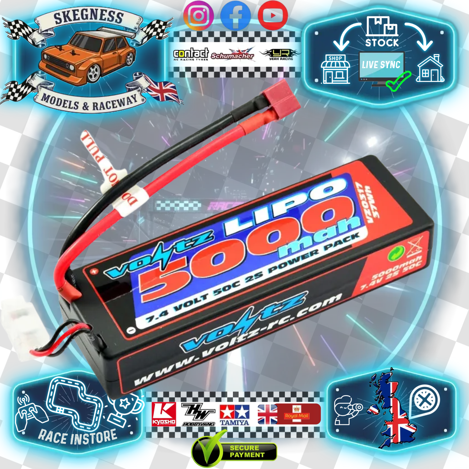 VOLTZ - RC CAR LIPO BATTERY 5000MAH 2S 7.4V 50C HARDCASE STICK PACK - DEANS - VZ