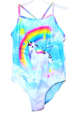 New Wonder Nation Unicorn Swim Suit tee back 1pc Girls Blue Rainbow XL 14-16