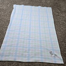 VTG Looney Tunes Baby Bugs Bunny Embroidered Pastel Plaid Fleece Baby Blanket